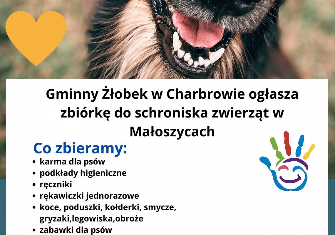 Grafika 1: Zbiórka do schroniska dla zwierząt w Małoszycach organizowana przez żłobek