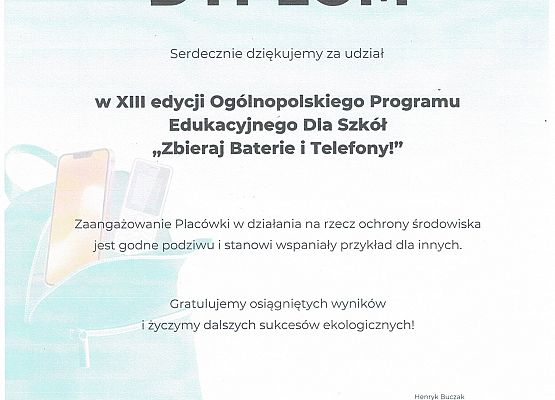 Podziękowanie za udział w XII esycji Ogólnopolskiego Programu Edukacyjnego "Zbieraj Baterie i Telefony"