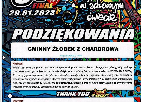 Podziękowanie za aktywny udział w 31 finale Wielkiej Orkiestry Świątecznej Pomocy