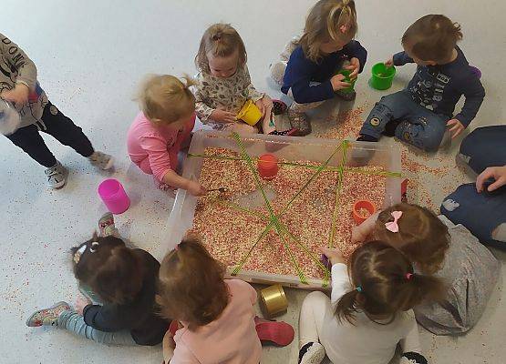 Zajęcia sensoryczne  z wykorzystaniem suchego kolorowego ryżu oraz płatków owsianych grupa maluszków