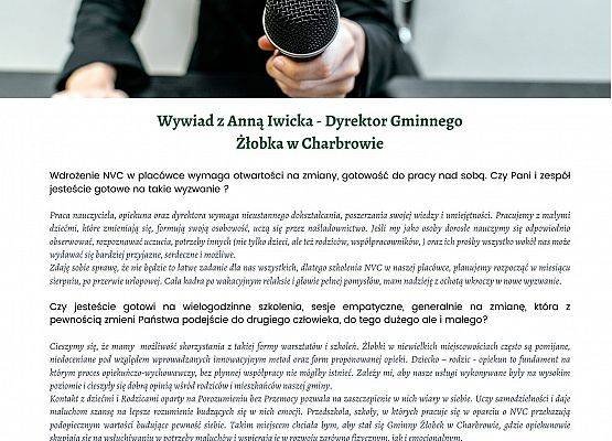 Grafika 3: Wywiad z Panią Anną Iwicką, dyrektorem żłobka - dotyczący wprowadzenia metody "Porozumienie bez przemocy" przeprowadzony przez Ogólnopolskie Stowarzyszenie  Żłobków i Klubów Dziecięcych