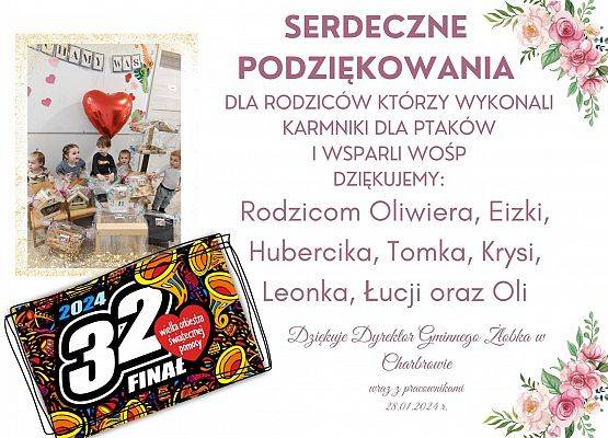 Serdeczne podziękowania dla Rodziców, którzy wsparli 32 Finał WOŚP i wykonali karmniki dla ptaków