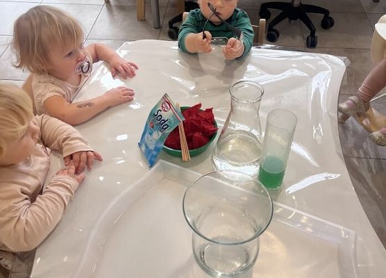 ''Kolorowy wulkan'' wykonany za pomocą octu, sody i płynu do naczyń.