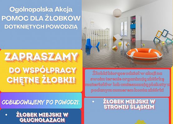 Grafika 1: UWAGA  OGÓLNOPOLSKA ZBIÓRKA DARÓW DLA ŻŁOBKÓW, KTÓRE UCIERPIAŁY W POWODZI!